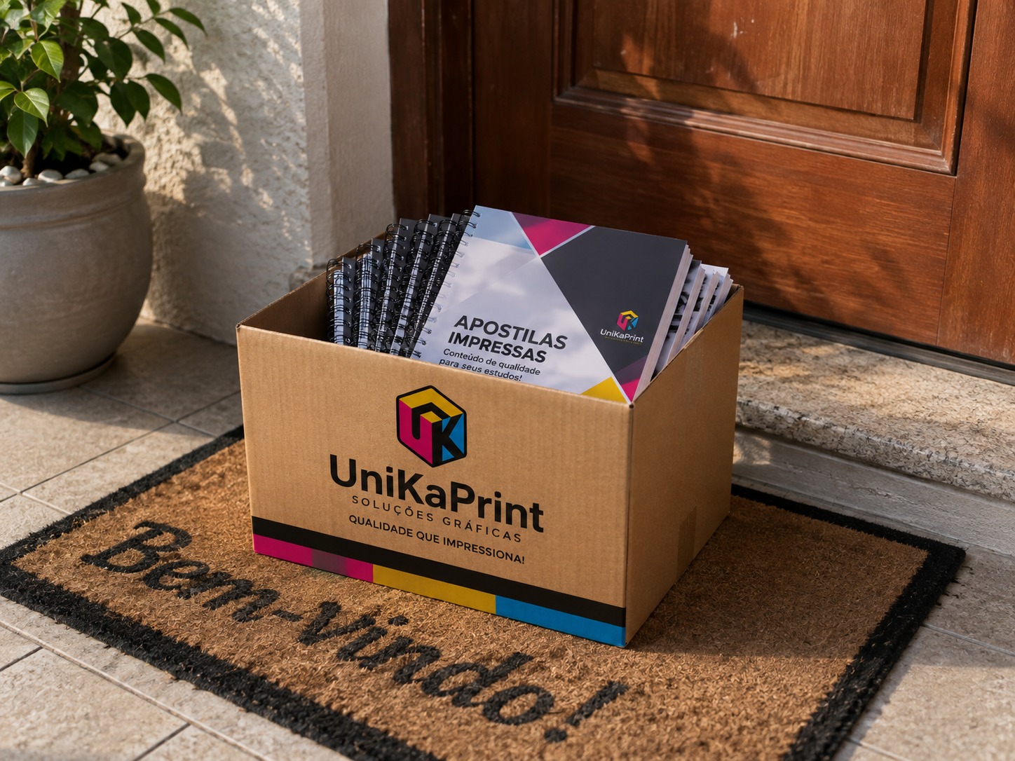 Caixa UniKaPrint na porta de casa com apostilas impressas
